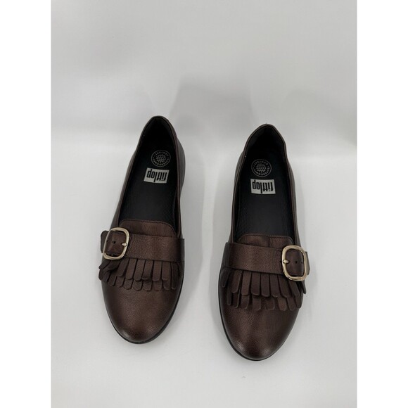 Fitflop 7.5  Leather Loafers Kiltie Fringe Buckle Detail SUPERSKATE Pewter Gray - Picture 1 of 12